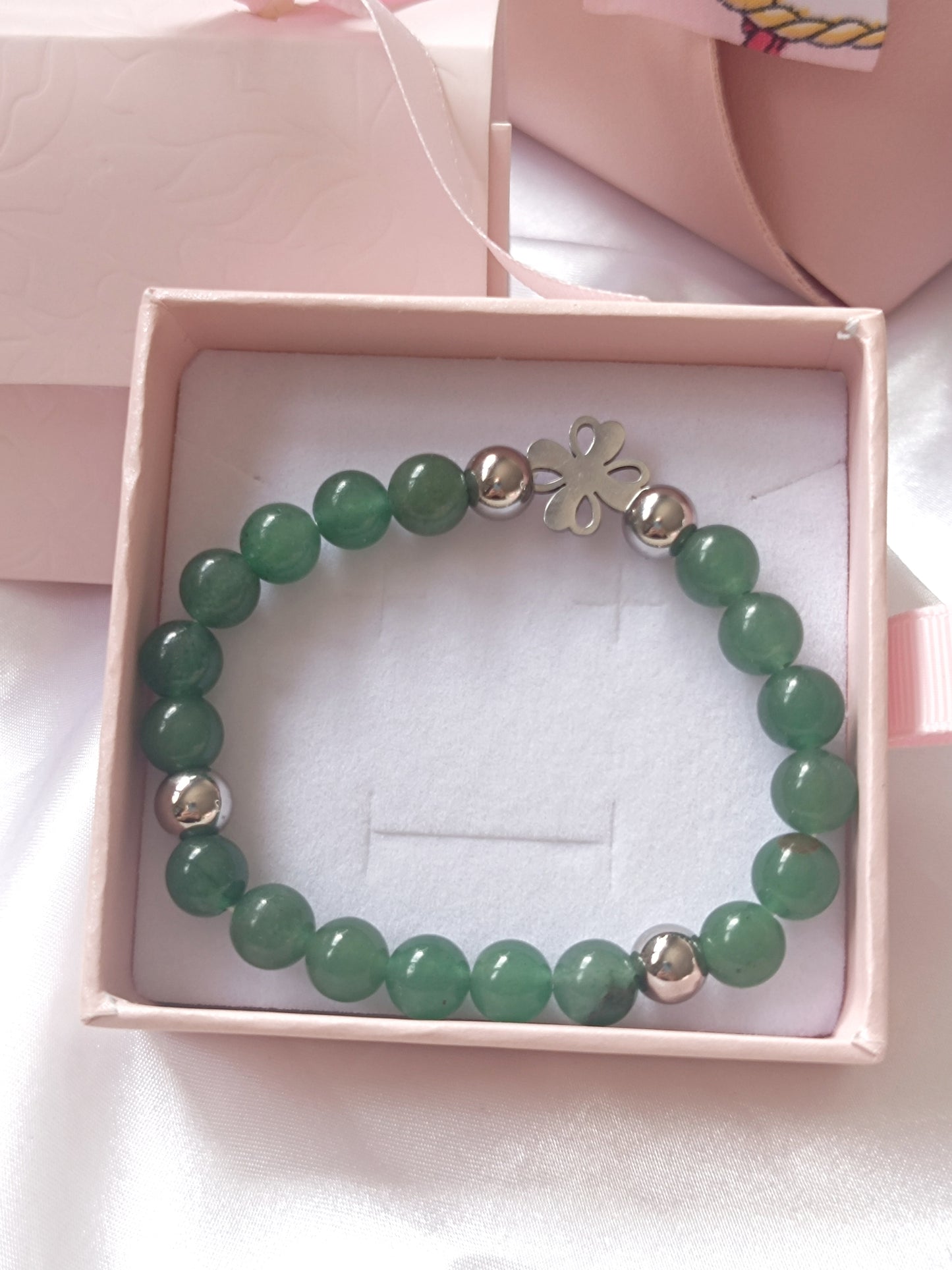 Pulsera Elástica de Venturina verde con trébol suertePulsera Aventurina · Trébol de la Suerte ✨