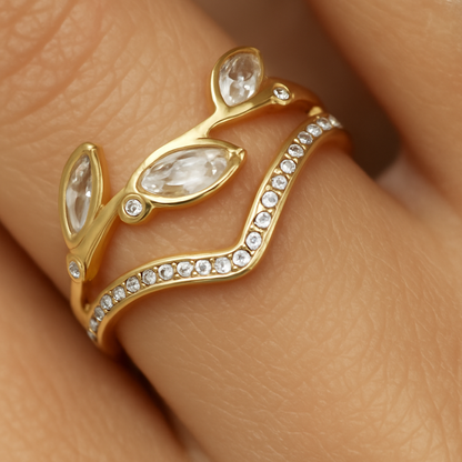 Anillo Ajustable Dorado Hoja Brillante bañado en oro 14 quilates con zirconitas