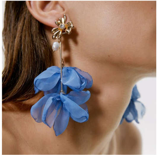 Pendientes colgantes de tul azul  flor con perla 13 x 5