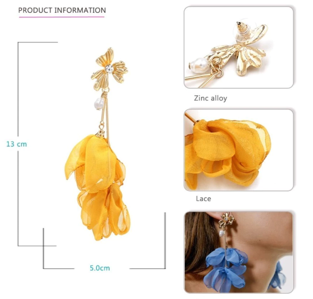 Pendientes colgantes de tul azul  flor con perla 13 x 5