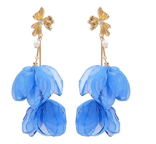 Pendientes colgantes de tul azul  flor con perla 13 x 5