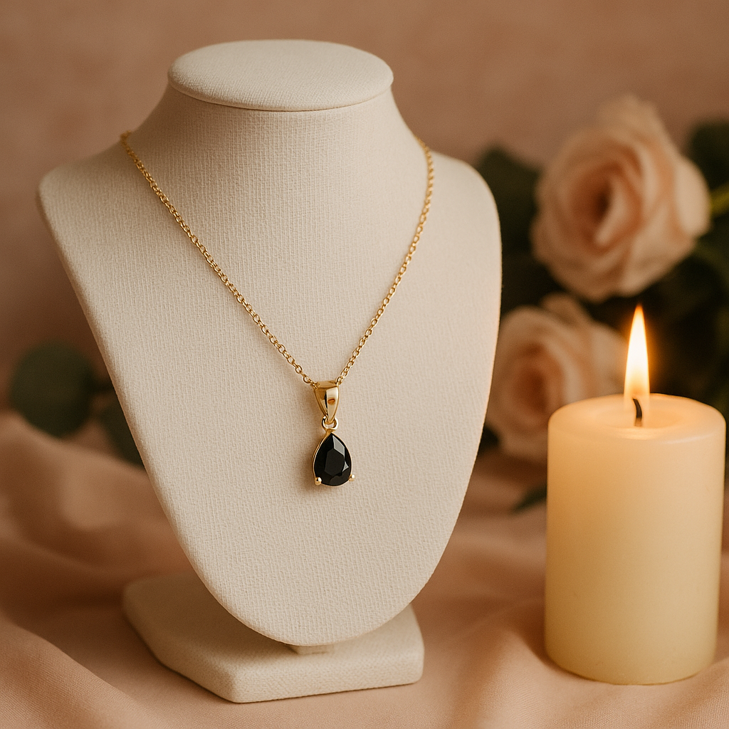 Colgante Gota Negra con Cadena Dorada – Elegancia Atemporal