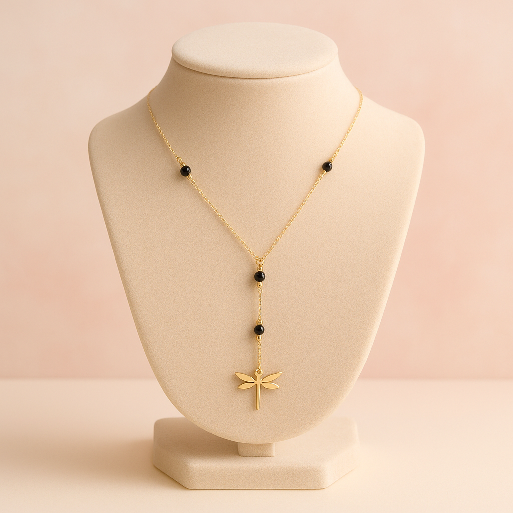 Colgante Libélula Dorada con Piedras Negras ·
