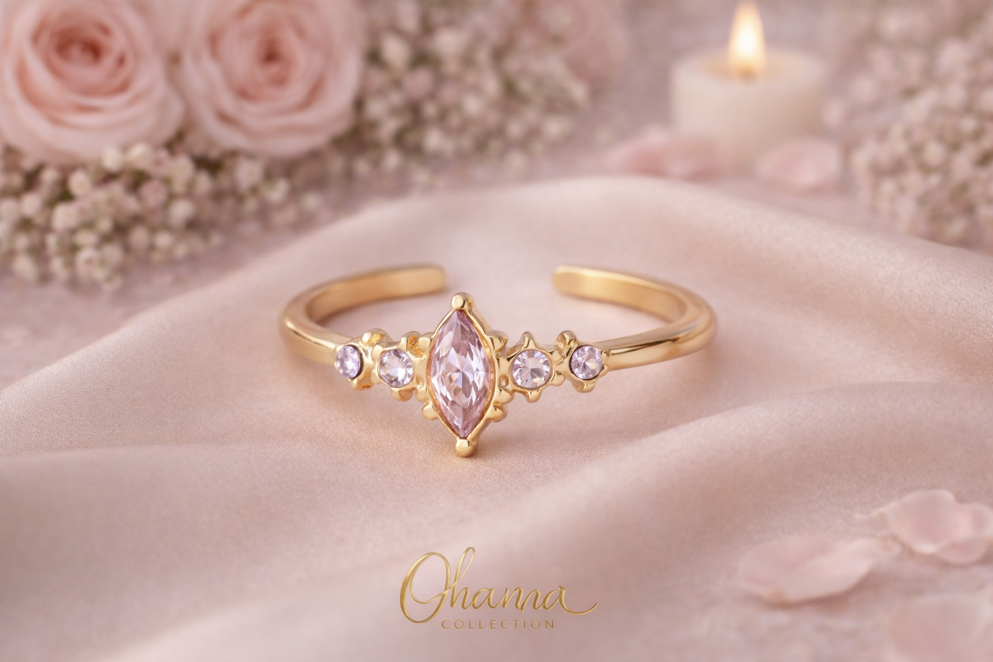 Anillo Ajustable Dorado con Cristal Rosa bañado en oro 14 quilates