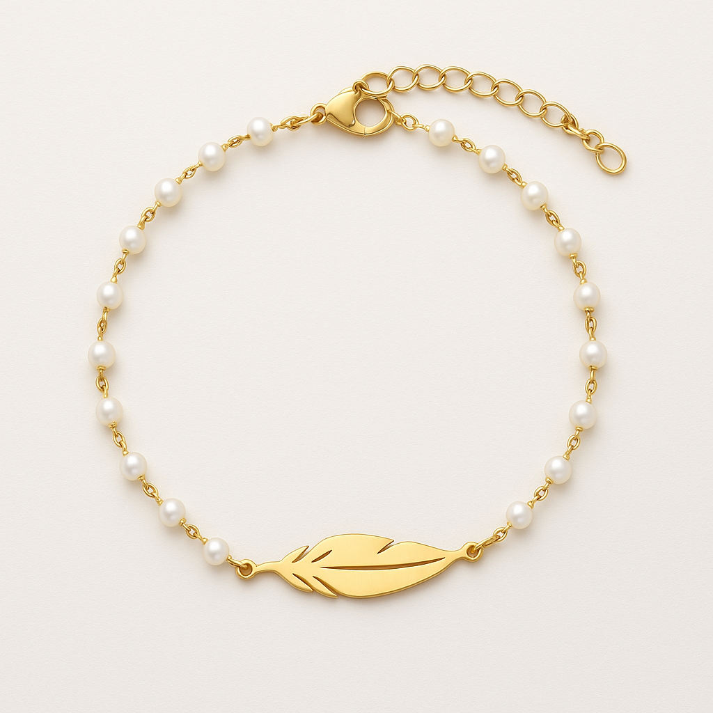 Pulsera Pluma Dorada con Perlas