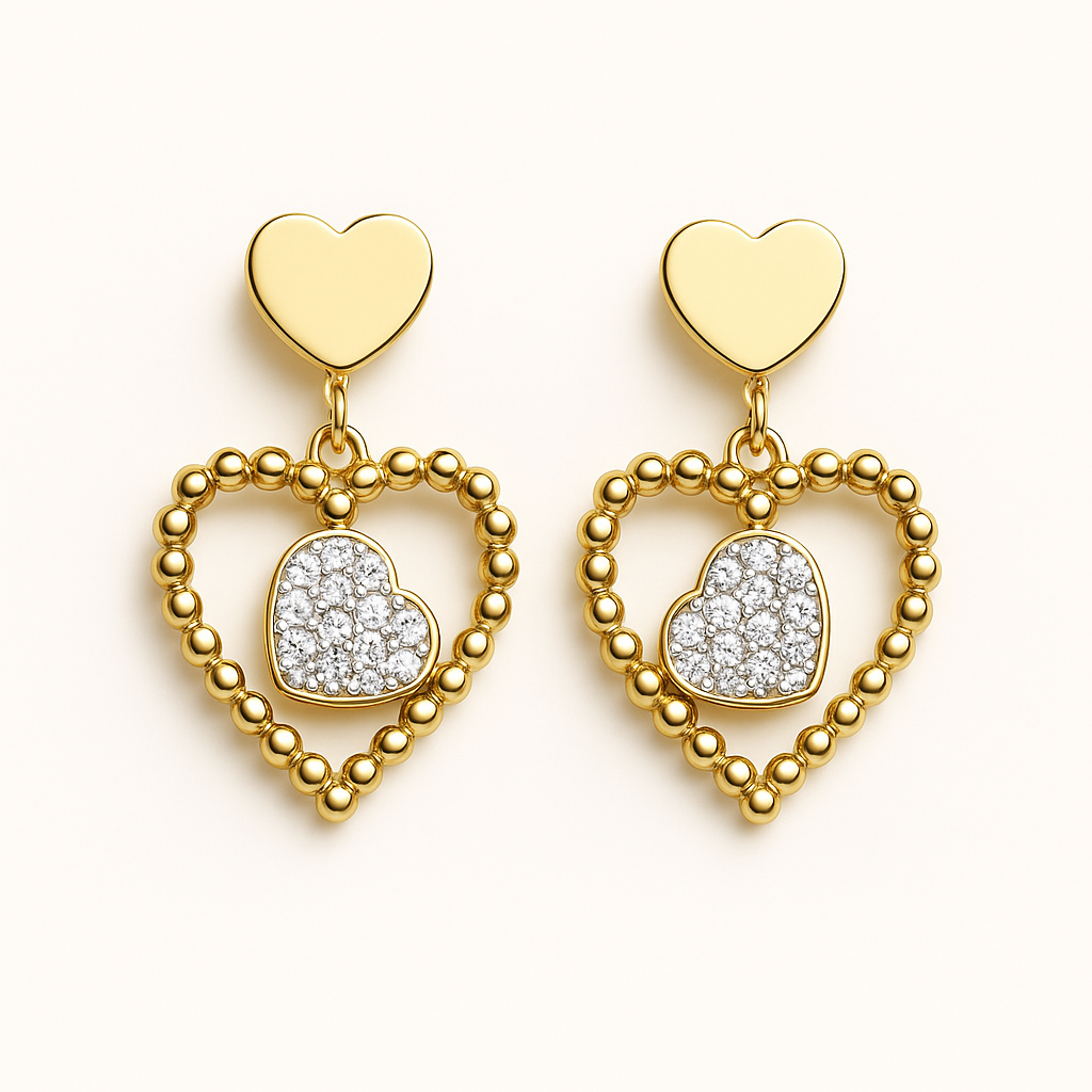 Pendientes Corazón Doble Dorado – Brillo y Romanticismo
