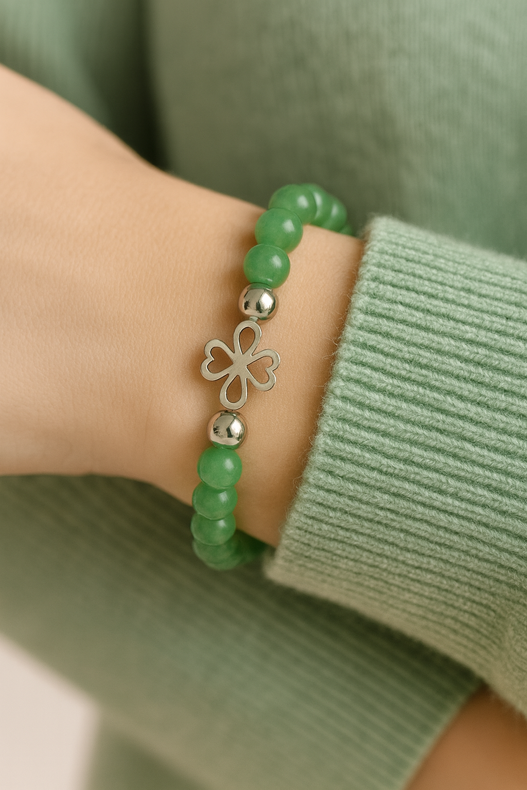 Pulsera Elástica de Venturina verde con trébol suertePulsera Aventurina · Trébol de la Suerte ✨