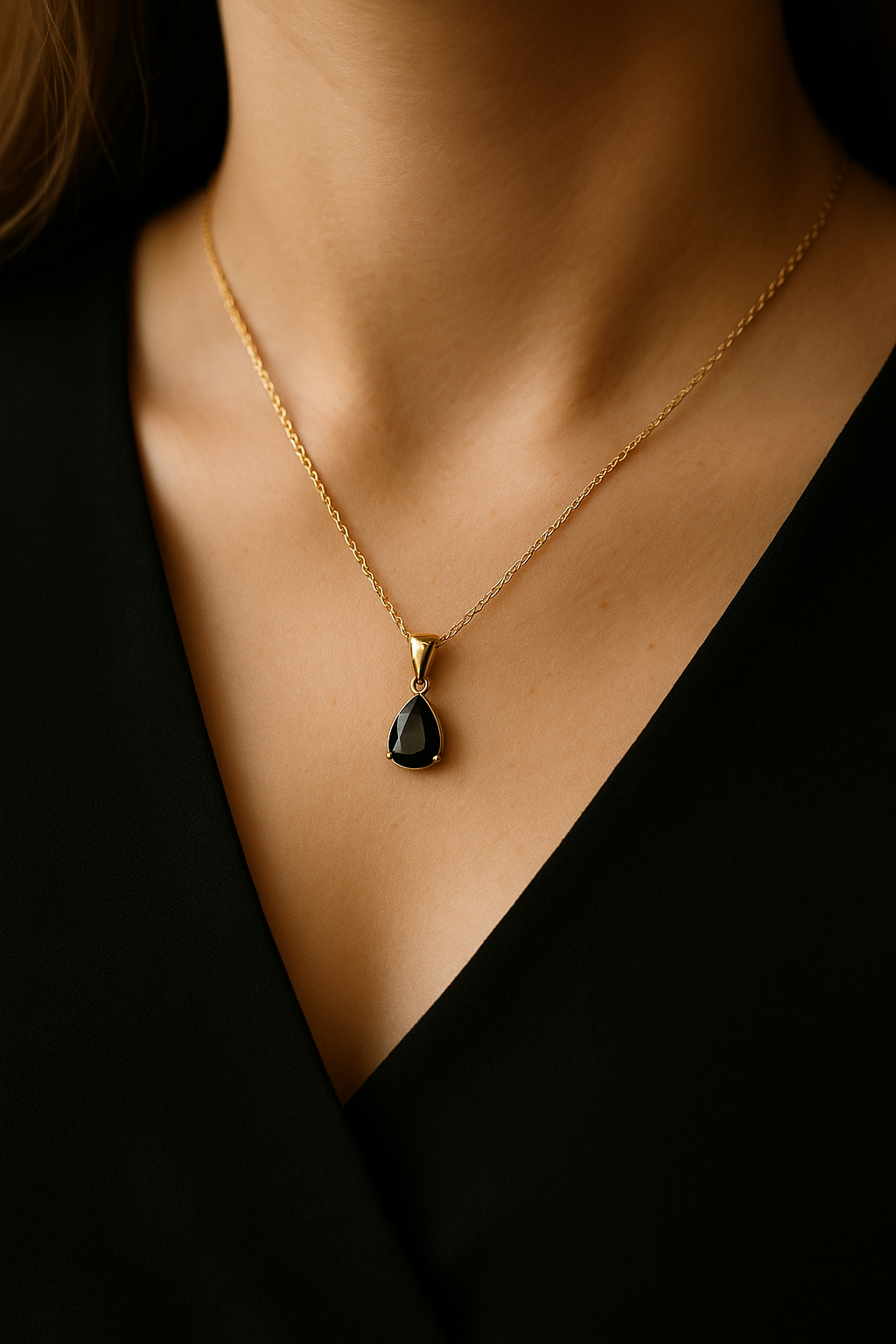 Colgante Gota Negra con Cadena Dorada – Elegancia Atemporal
