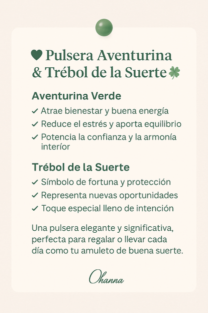 Pulsera Elástica de Venturina verde con trébol suertePulsera Aventurina · Trébol de la Suerte ✨