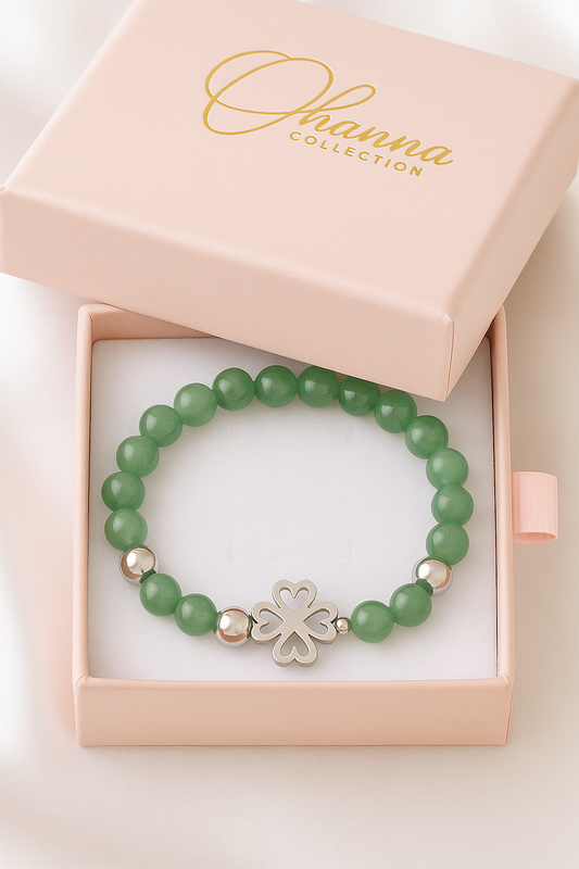 Pulsera Elástica de Venturina verde con trébol suertePulsera Aventurina · Trébol de la Suerte ✨